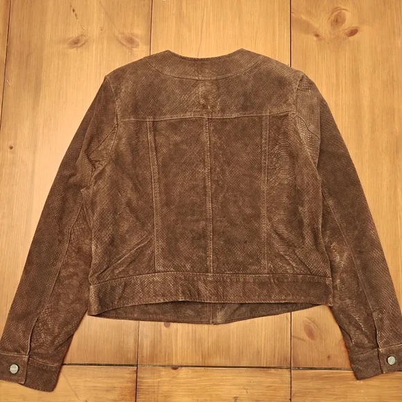 Bernardo Suede Chocolate Brown Moto Jacket Embossed Leather Reptile Womens Large - Picture 3 of 5
